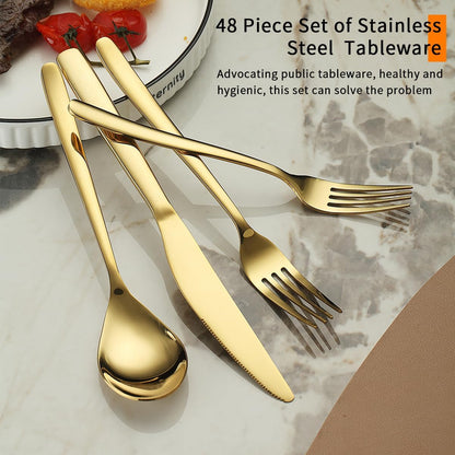 Berglander Gold Silverware Set 48pcs Service for 12, Golden Titanium Plating Stainless Steel