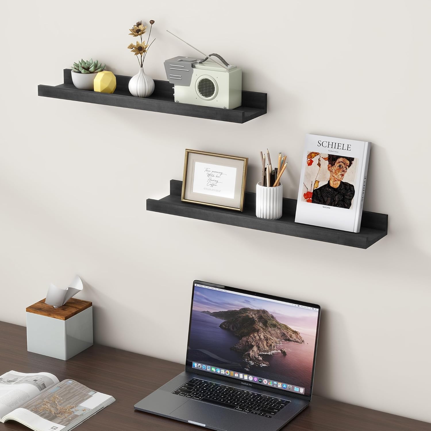 Picture Ledge Shelf for Wall, 24 inch Solid Pine Wood Nursery Book Shelves 2 Packs, Floating Ledge