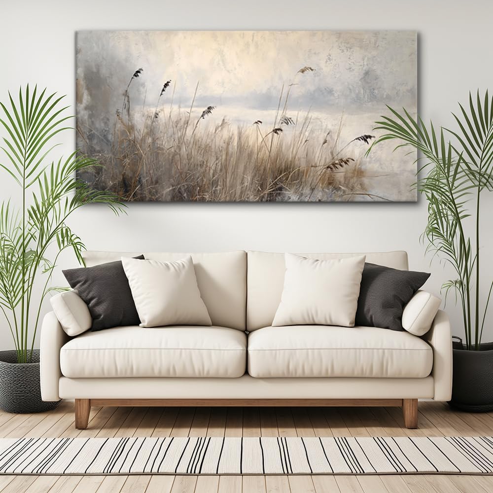 LASMOND Vintage Meadow Wall Art for Living Room Reed Grass Canvas Painting Prints Large Retro