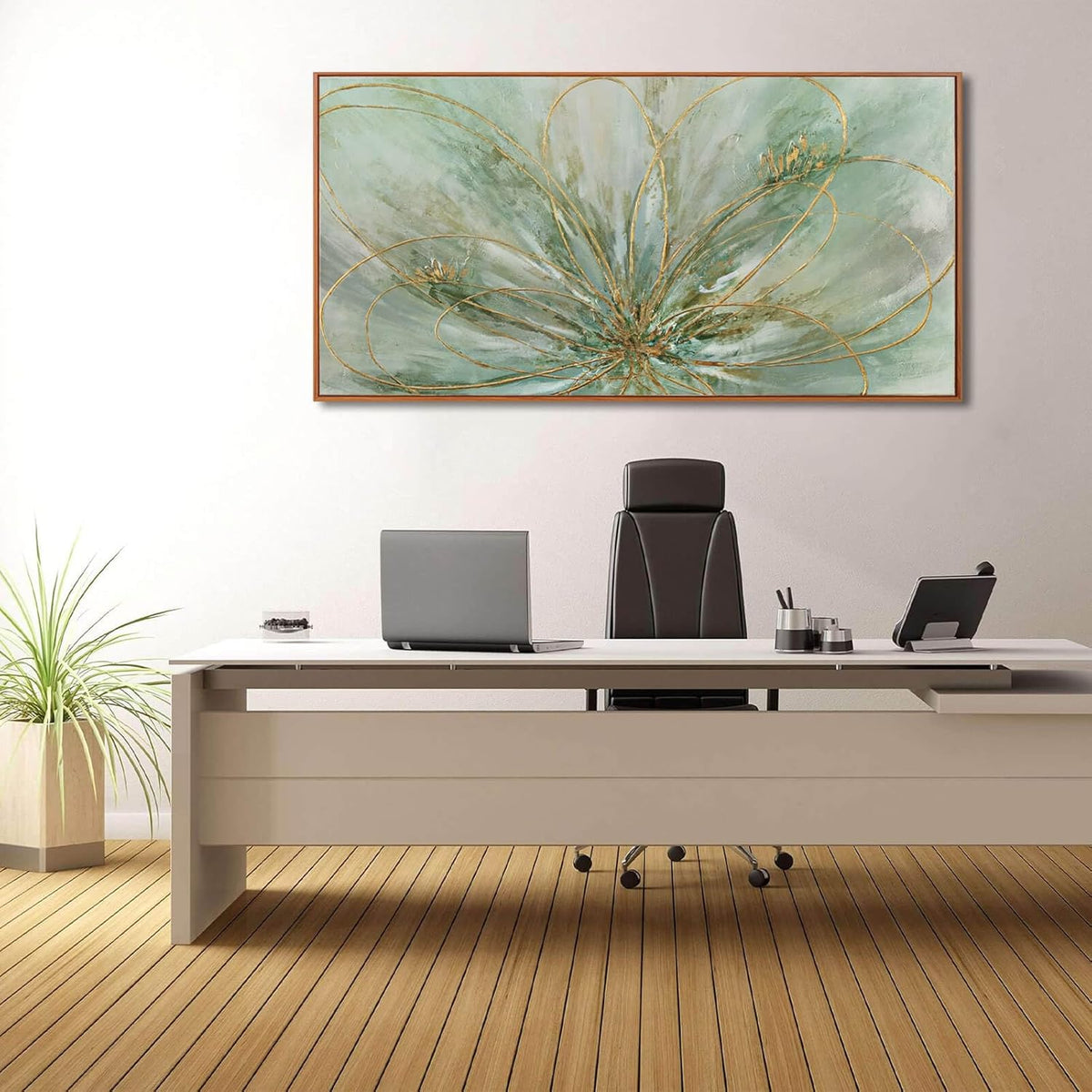 YJYart Green Abstract Canvas Artwork Flowers Wall Decor for Office Line Art Painting 24"x 48"