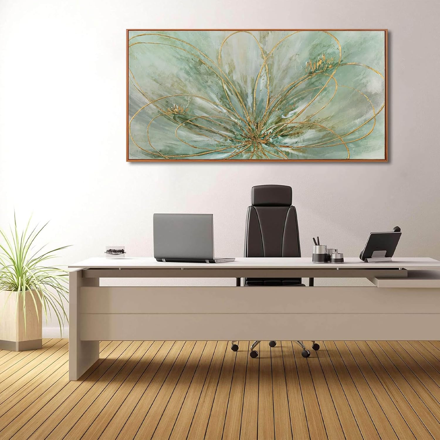 YJYart Green Abstract Canvas Artwork Flowers Wall Decor for Office Line Art Painting 24"x 48"
