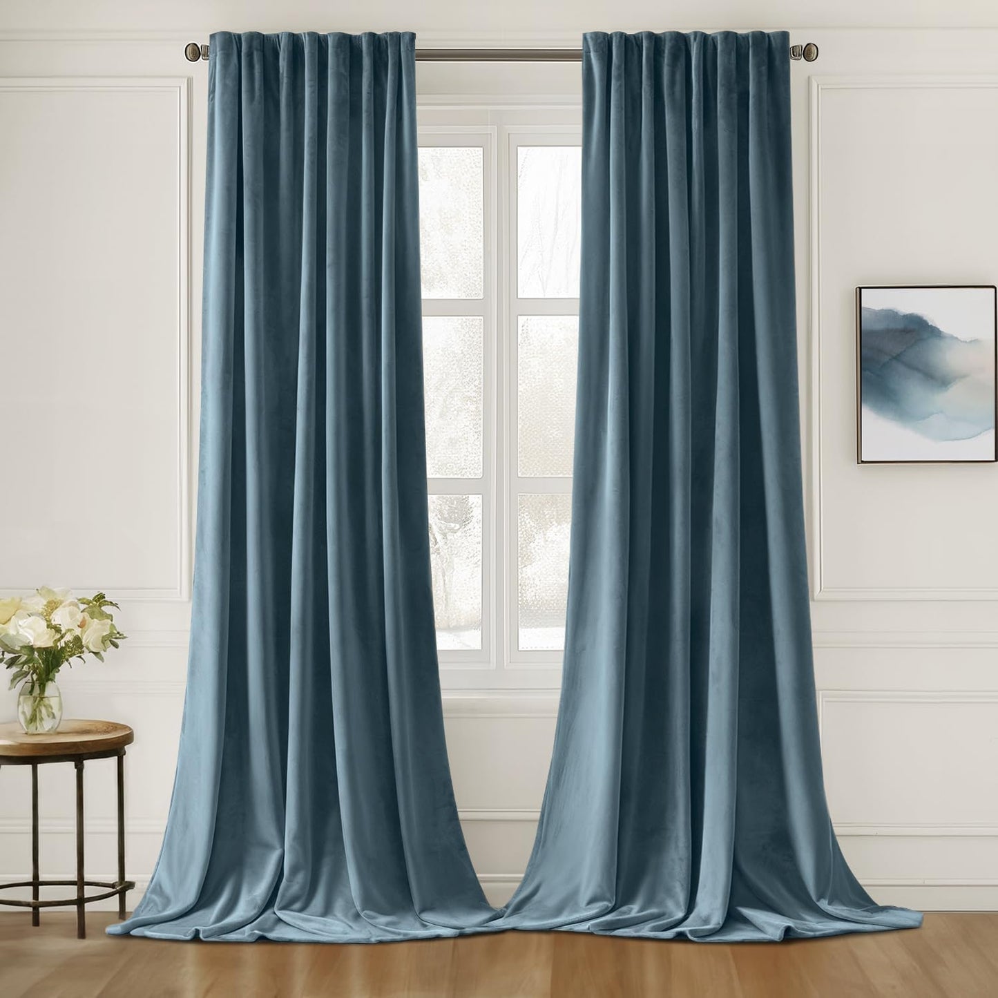 MIULEE Stone Blue Velvet Curtains 108 inches Long 2 Panels - Luxury Pinch Pleated Room Darkening