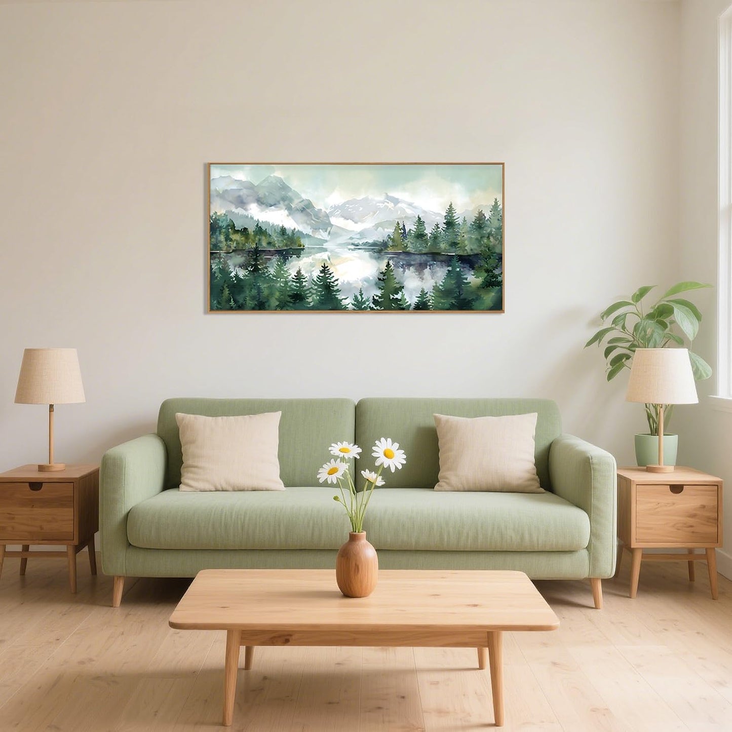 Celestdeco Watercolor Mountain Framed Canvas Wall Art Set, Boho Forest Wall Decor, Nature Green