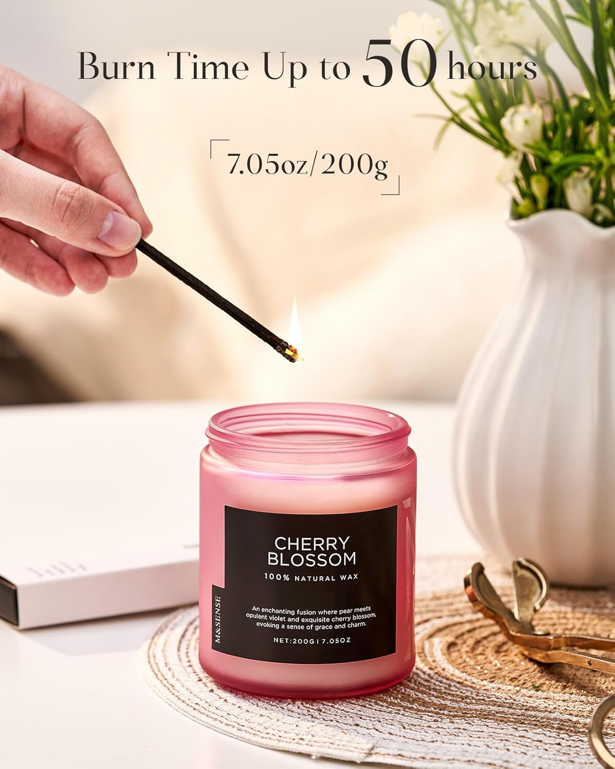 M&SENSE Cherry Blossom Scented Spring Candle, Best Smelling Stress Relief Aromatherapy Candle, 50