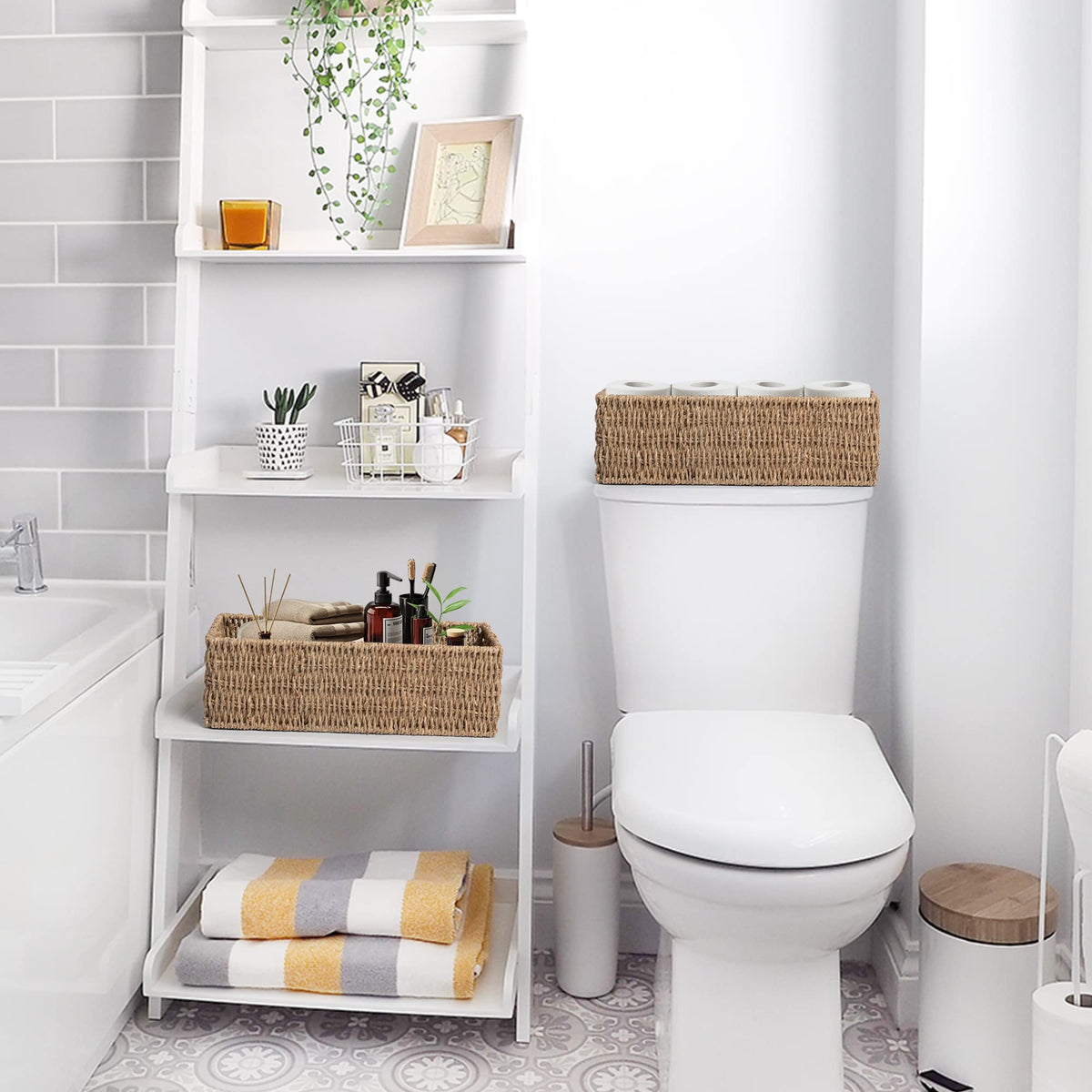 JS HANGER Toilet Basket Tank Topper， Seagrass Storage Baskets, Rectangular Wicker Baskets for