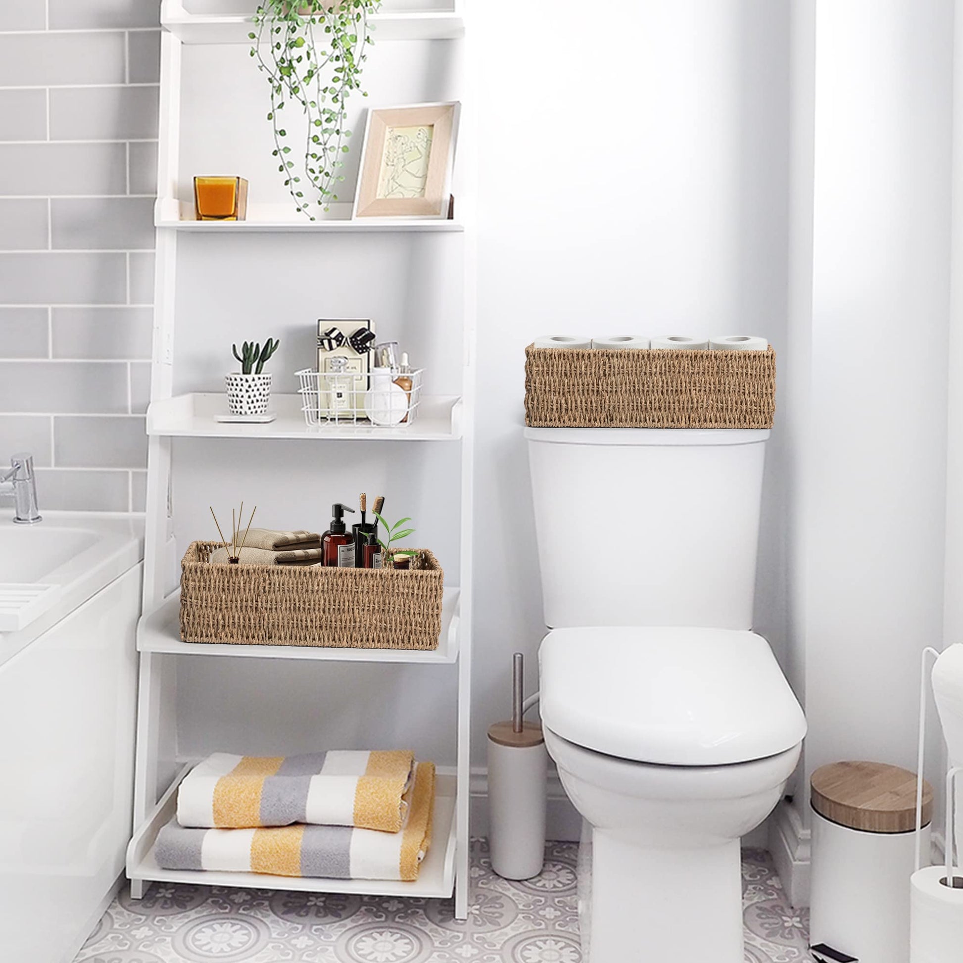 JS HANGER Toilet Basket Tank Topper， Seagrass Storage Baskets, Rectangular Wicker Baskets for