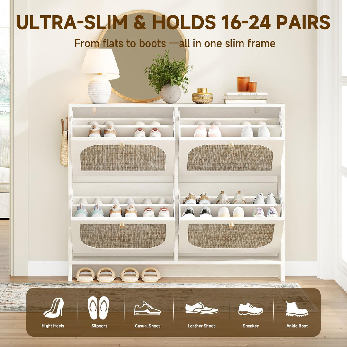 Nicetree Rattan Shoe Cabinet for Entryway, 9.5" Ultra-Thin Narrow Shoe Rack with 4 Flip Drawers