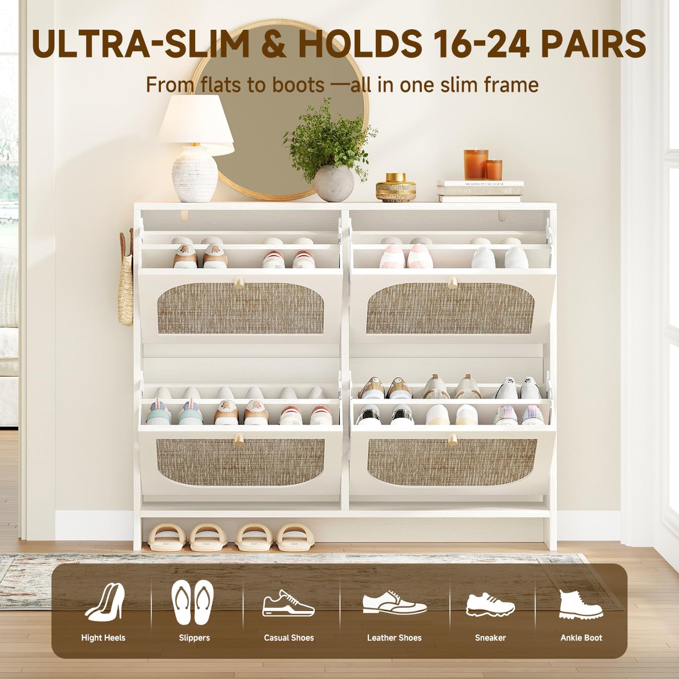 Nicetree Rattan Shoe Cabinet for Entryway, 9.5" Ultra-Thin Narrow Shoe Rack with 4 Flip Drawers