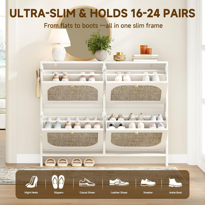 Nicetree Rattan Shoe Cabinet for Entryway, 9.5" Ultra-Thin Narrow Shoe Rack with 4 Flip Drawers