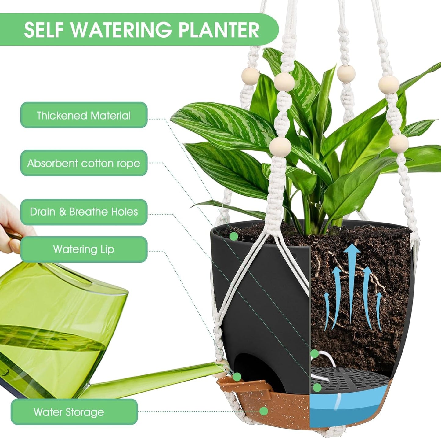Hanging Planters for Indoor Outdoor Plants, 2 Pack Self Watering Hanging Pots, Hanging Plant