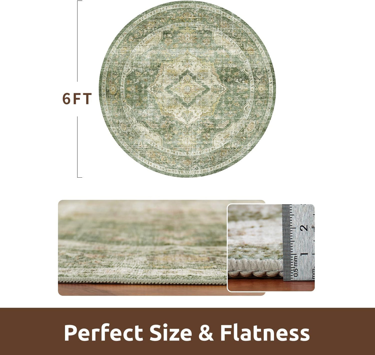 AMOAMI-6FT Round Rug-Rugs for Living Room-Vintage Soft Olive Green Rugs for Bedroom-Non Slip Circle