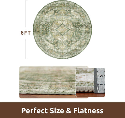 AMOAMI-6FT Round Rug-Rugs for Living Room-Vintage Soft Olive Green Rugs for Bedroom-Non Slip Circle