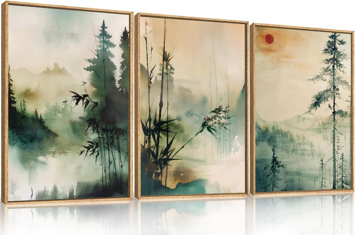 Chinoiserie Nature Framed Canvas Wall Art Set, Mountain and Forest Landscape Painting, Natural
