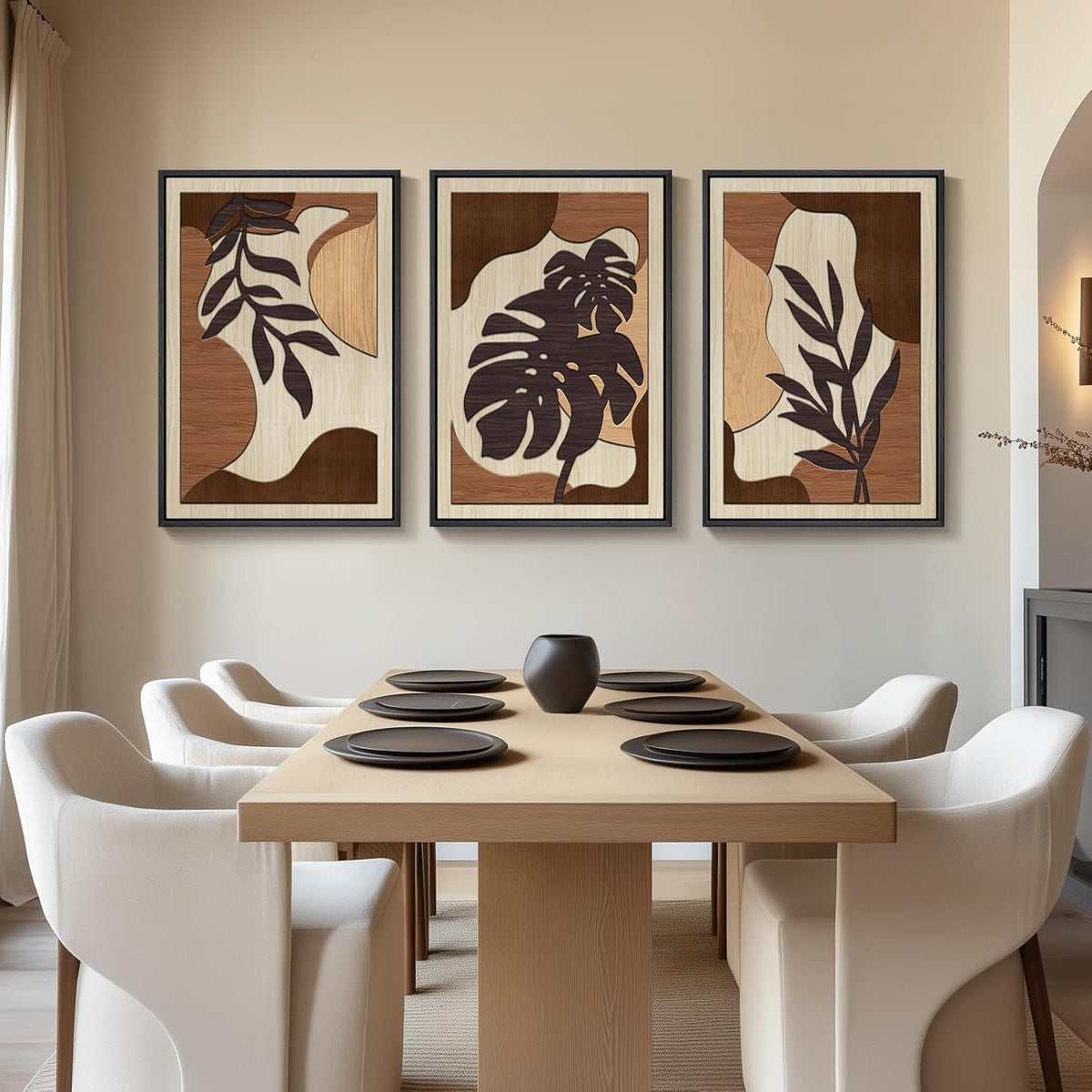Framed Textured Wood 3D Wall Art for Living Room, Large Boho Tropical Brown Artwork for Walls, 3