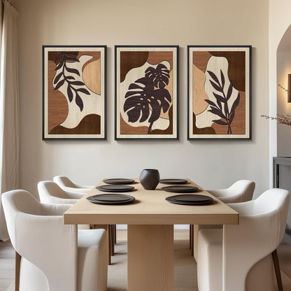 Framed Textured Wood 3D Wall Art for Living Room, Large Boho Tropical Brown Artwork for Walls, 3