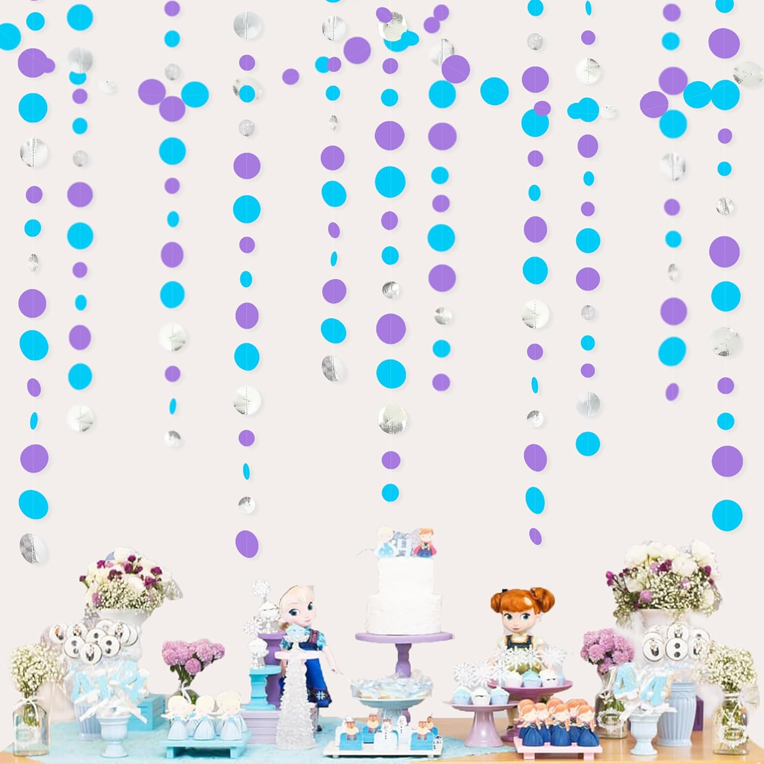 46 Ft Frozen Party Decorations Purple Blue Silver Polka Dots Garlands Hanging Paper Circle Dots