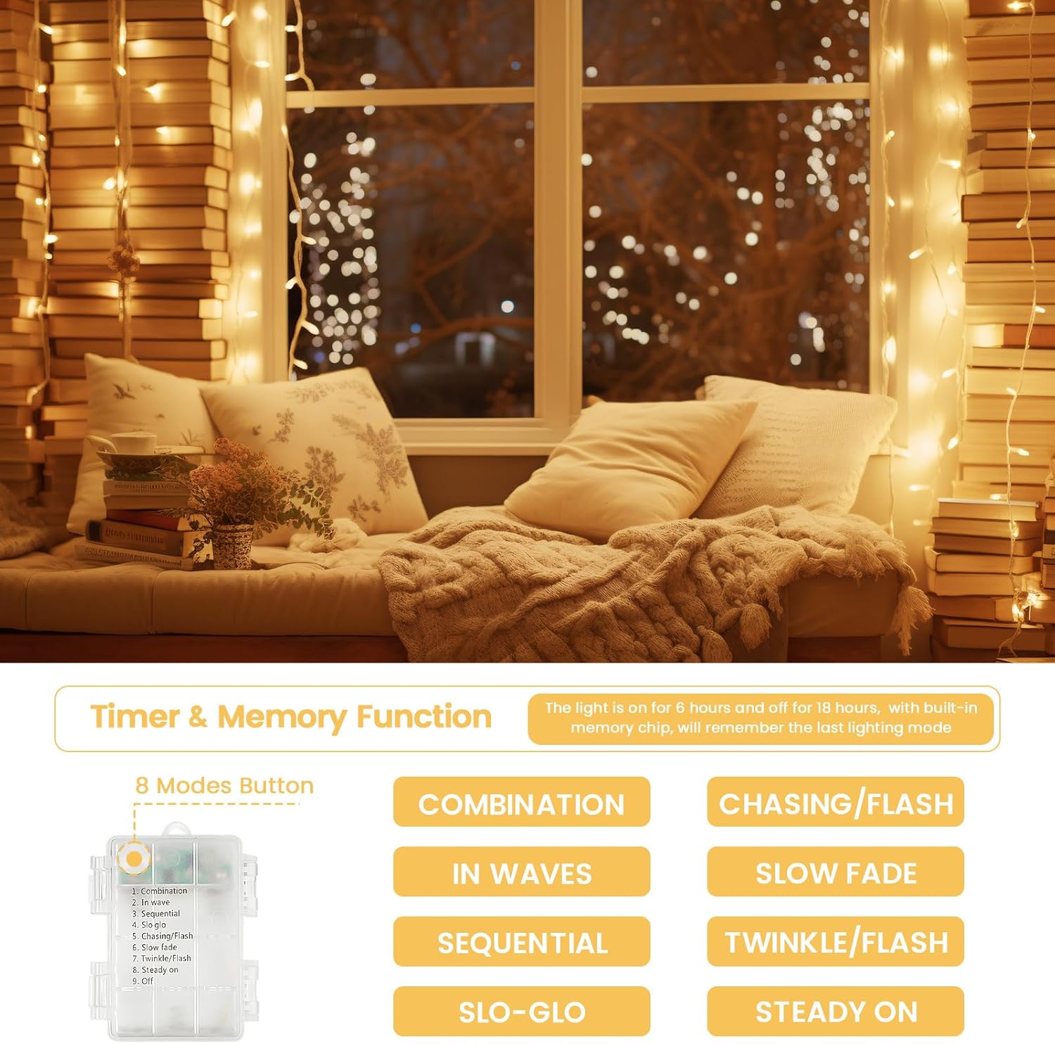 33FT 100LED String Lights Battery Operated with Timer, Waterproof Battery Powered Twinkle Lights, 8