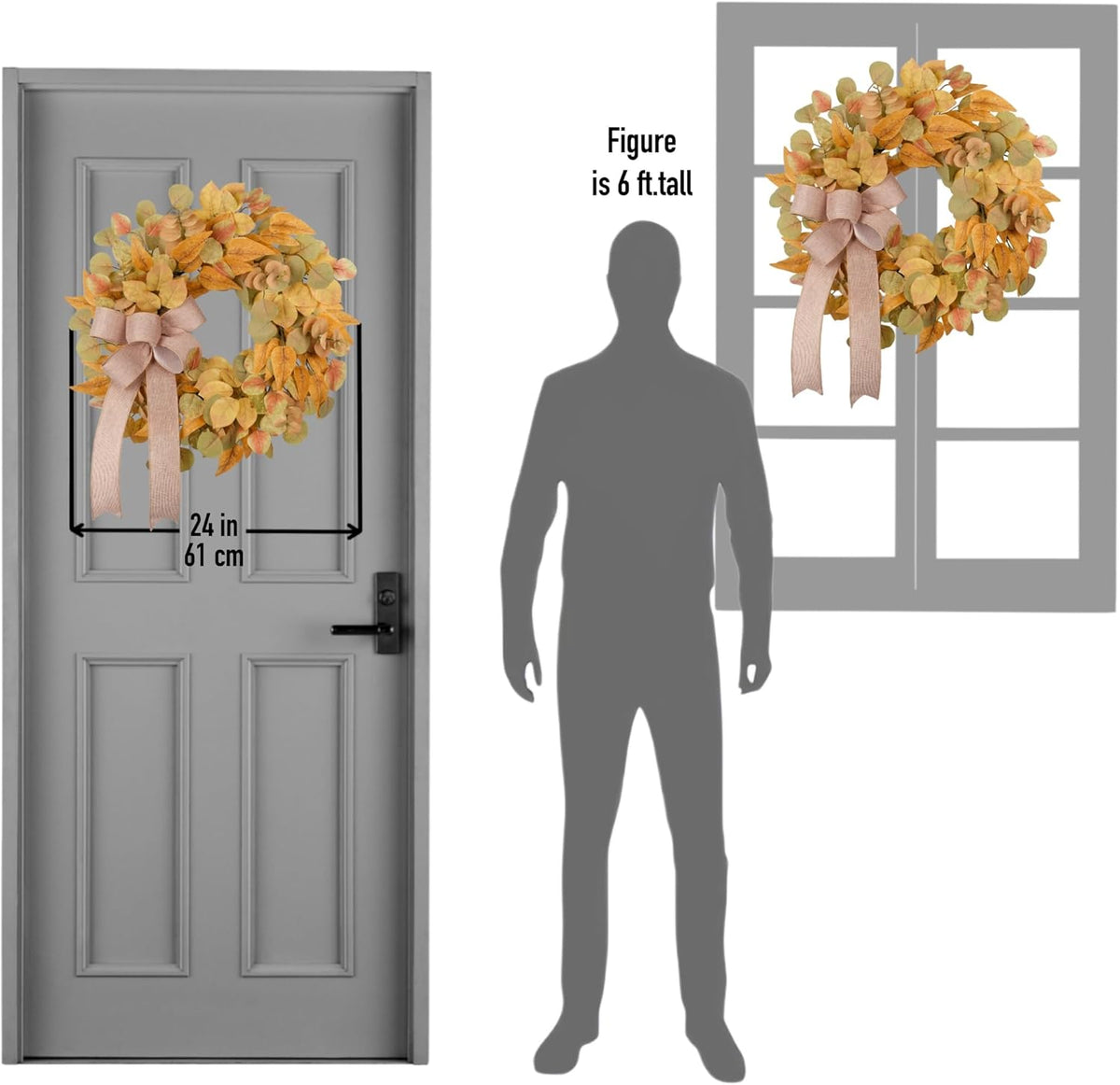 Fall Wreath for Front Door 24 Inch, Autumn Colored Faux Leaves Wreath with Bow, Simple & Minimalist