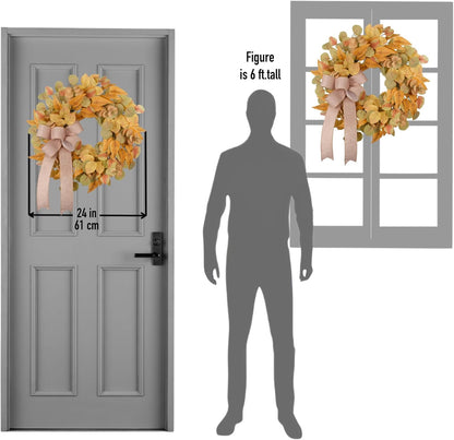 Fall Wreath for Front Door 24 Inch, Autumn Colored Faux Leaves Wreath with Bow, Simple & Minimalist