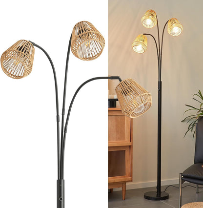 Rattan Floor Lamp for Living Room, 72 Inch Tall Boho Floor Lamp with Rotary Switch, 3 Light Arc