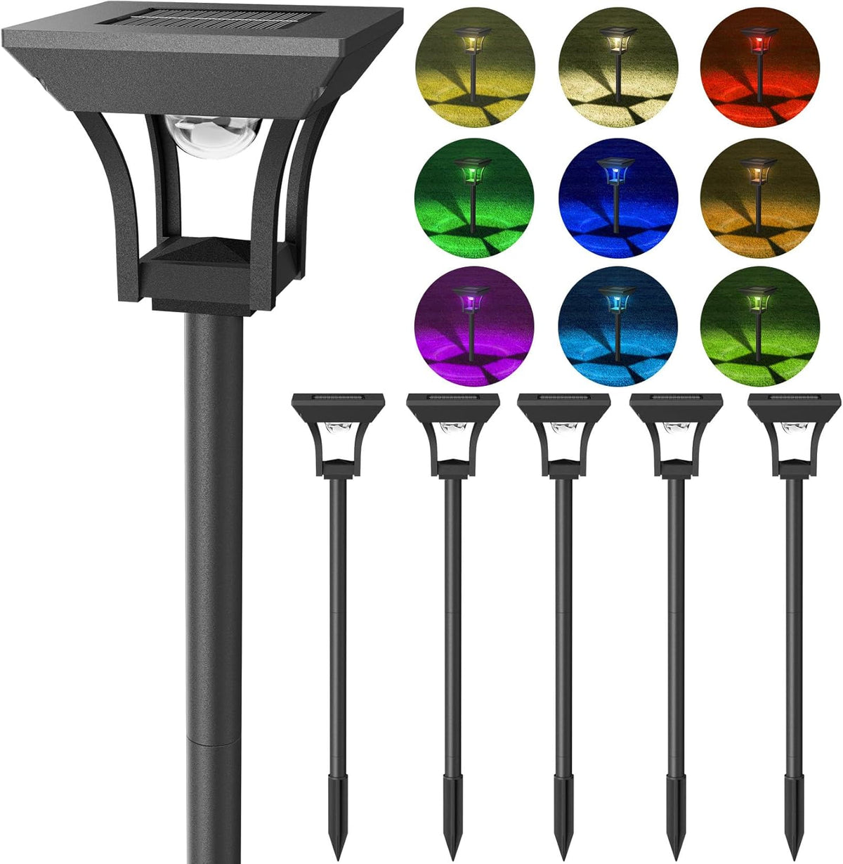 CINOTON 6 Pack RGBCW Solar Pathway Outdoor Lights, 3 Lighting Modes Solar LED Garden Light, IP65