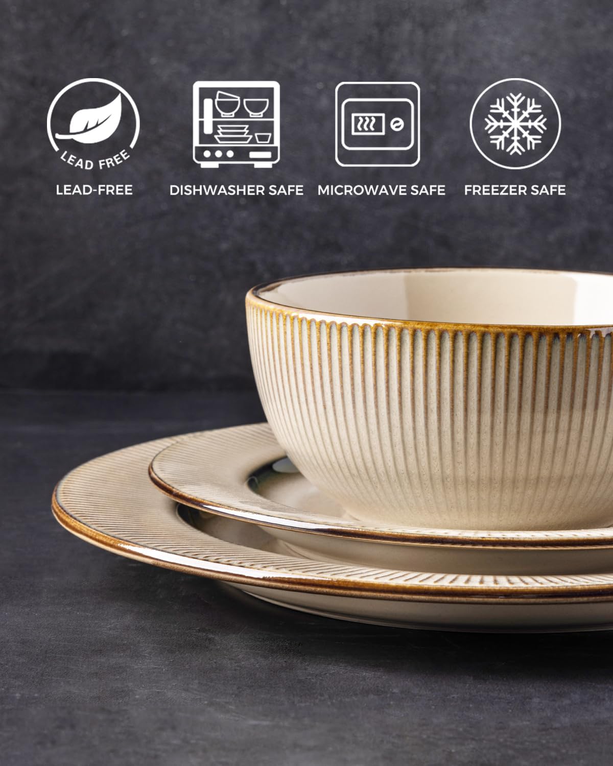 GBHOME Ceramic Dinnerware Sets,12 pcs Embossed Elegant Stoneware Plates and Bowls Sets