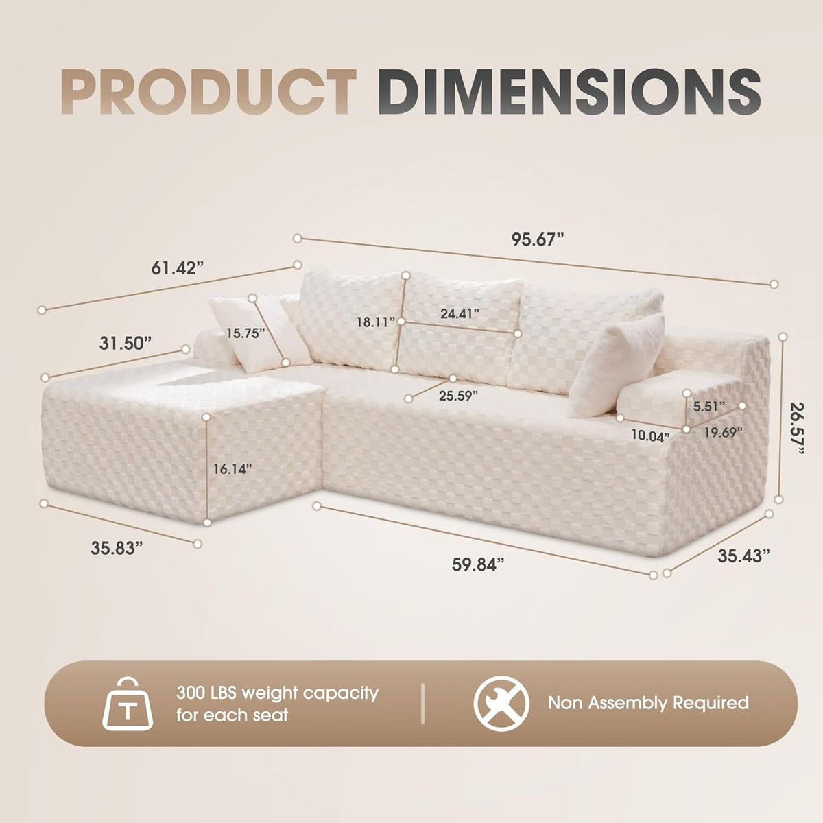 Hobestluk 96” Modular Sectional Sofa Couches L-Shape Couch 3 Seat Modular Sofa Memory Foam