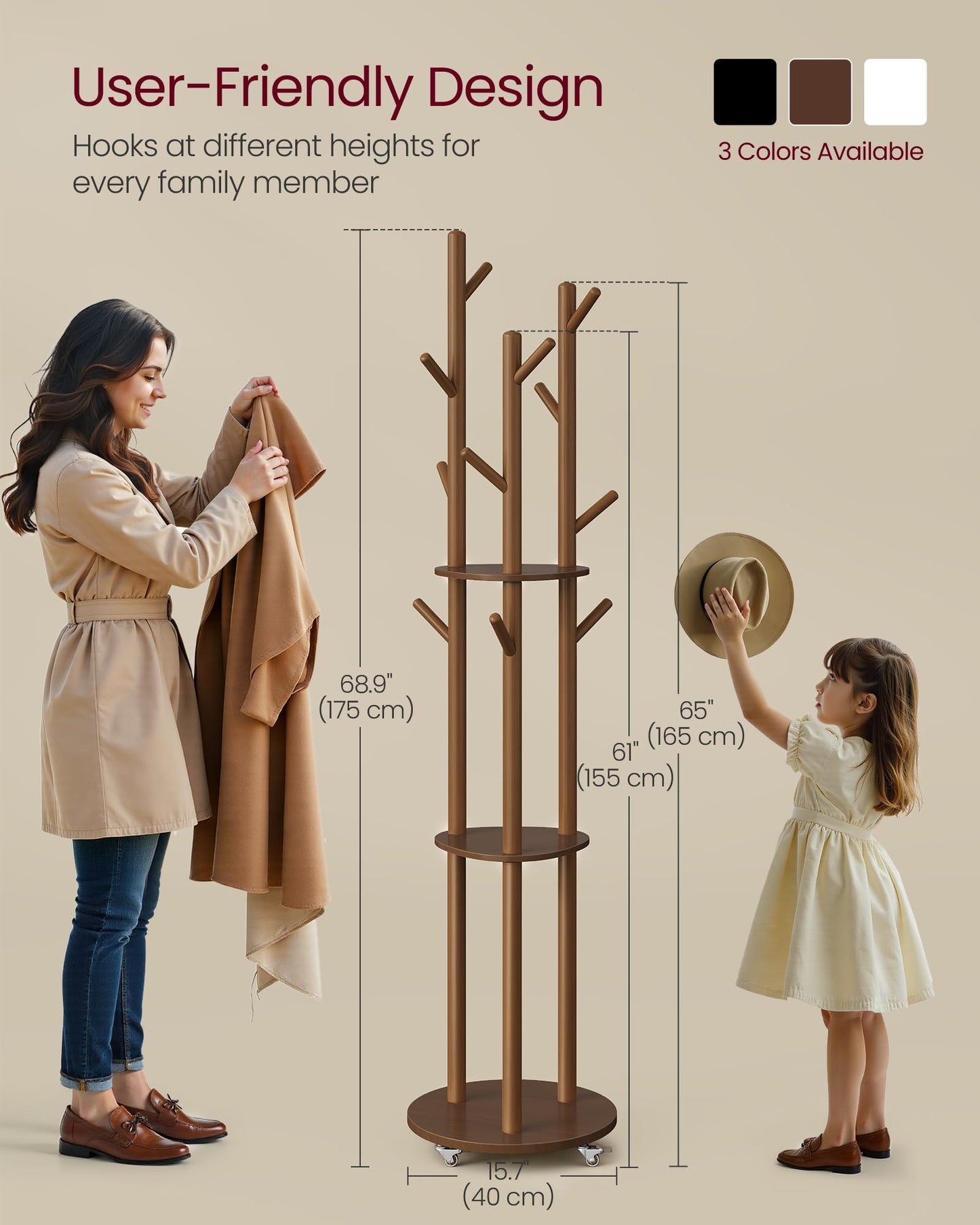 VASAGLE Freestanding Coat Rack Stand, Coat Tree with 11 Hooks, 3 Shelves, 4 Removable 360° Swivel