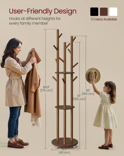 VASAGLE Freestanding Coat Rack Stand, Coat Tree with 11 Hooks, 3 Shelves, 4 Removable 360° Swivel
