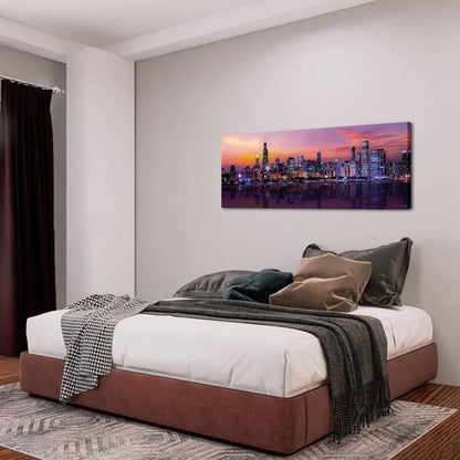 Fochorlo Large Chicago Canvas Modern City Skyline Wall Art Downtown Night Picture Prints Ready To