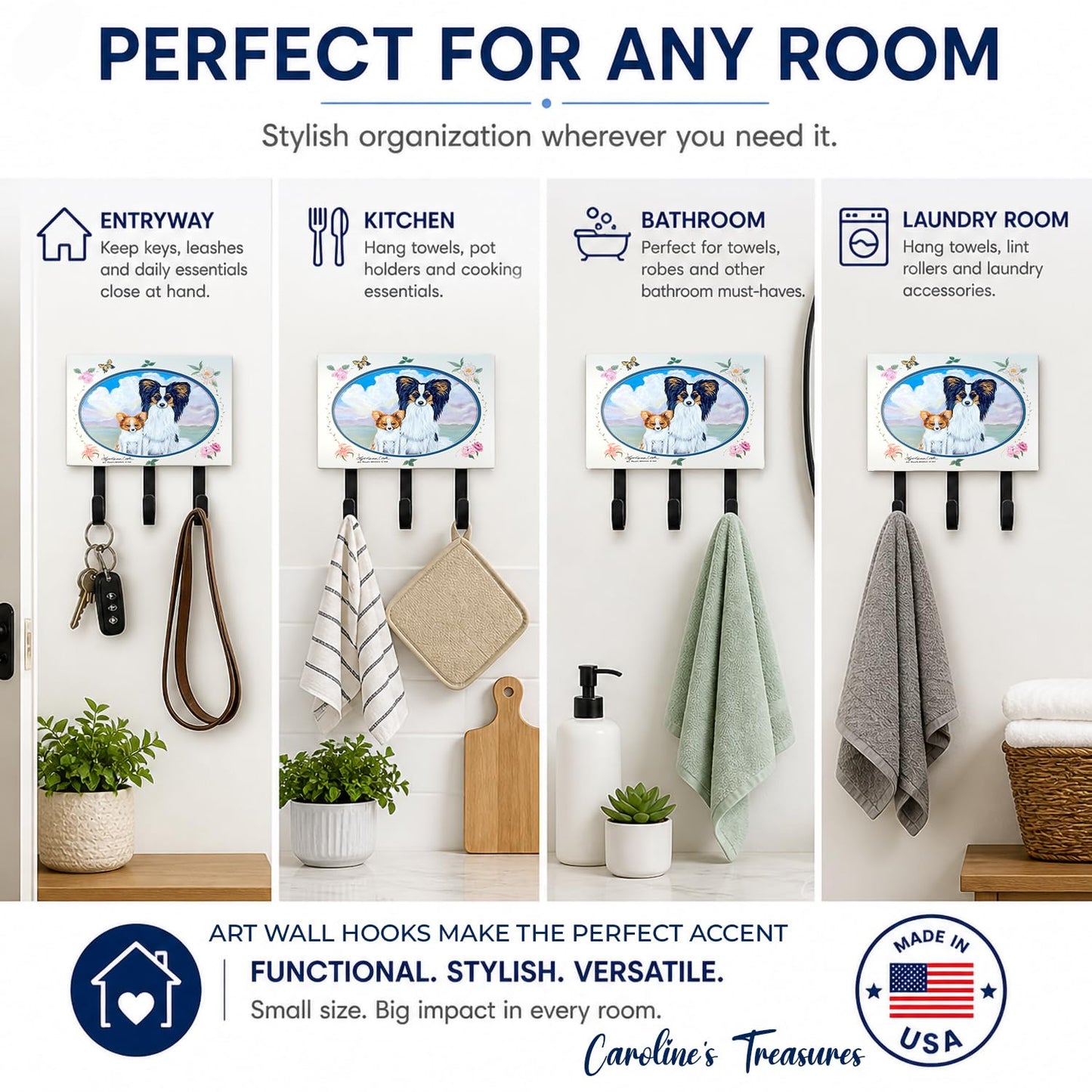 Caroline's Treasures 7243TH68 Papillon Leash or Key Holder, Wall Hooks, Key Hooks Holder, Coat Rack
