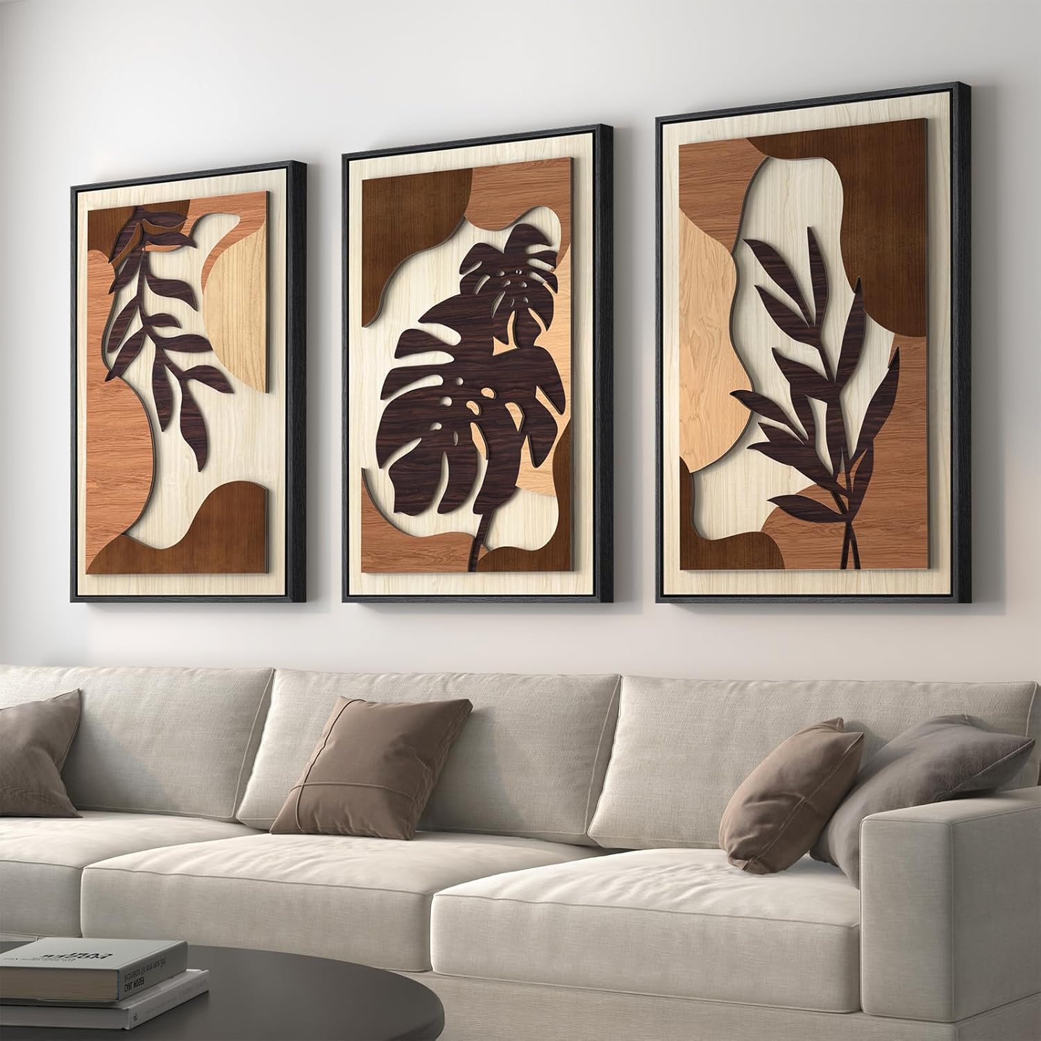 Framed Textured Wood 3D Wall Art for Living Room, Large Boho Tropical Brown Artwork for Walls, 3