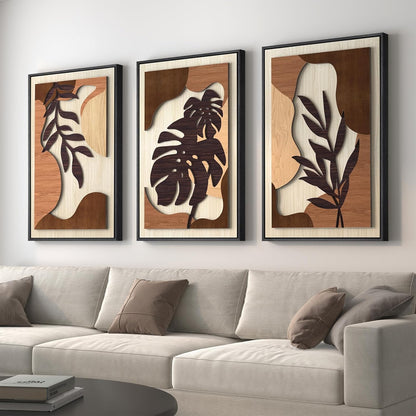 Framed Textured Wood 3D Wall Art for Living Room, Large Boho Tropical Brown Artwork for Walls, 3