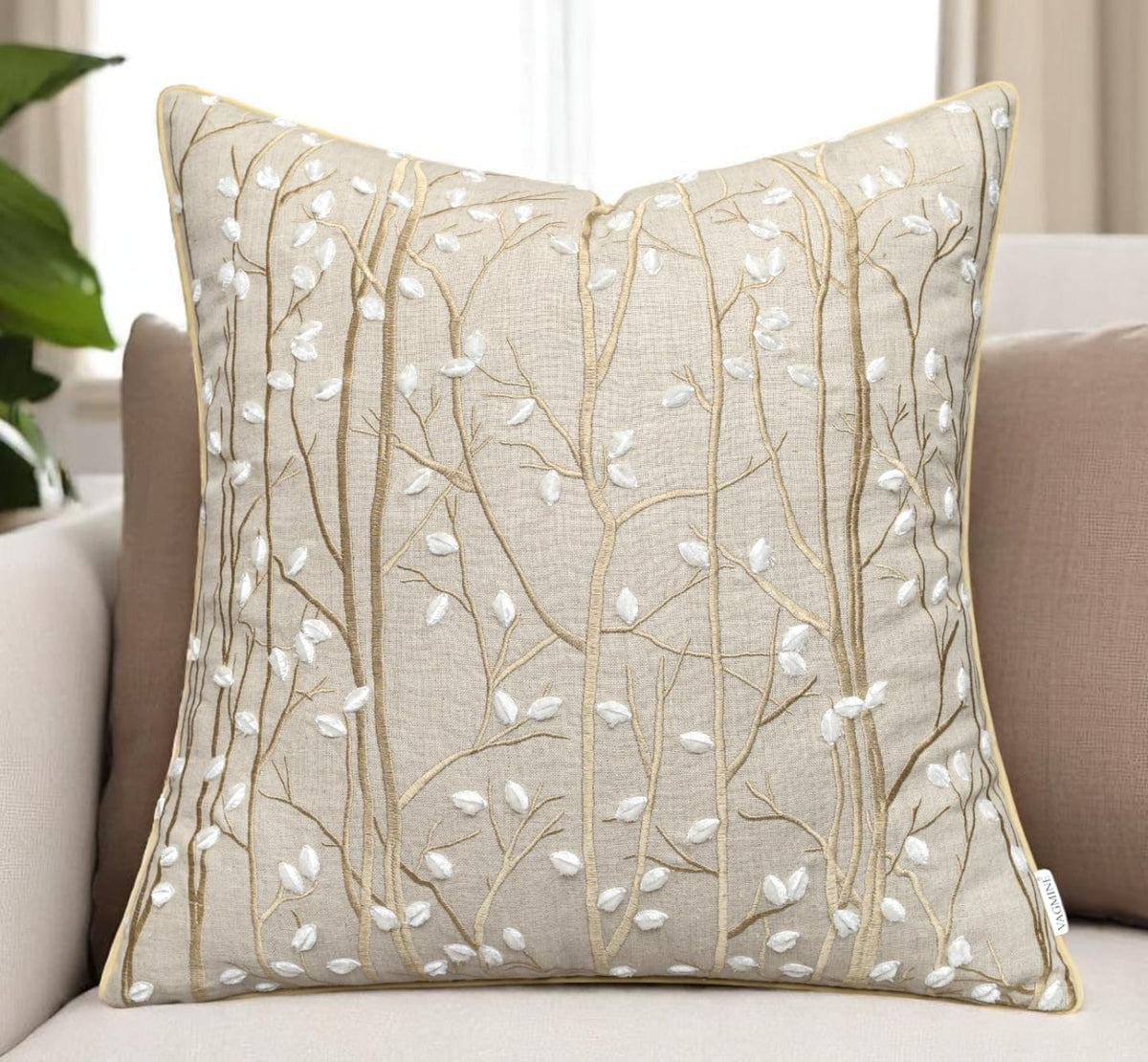 VAGMINE Embroidered Forest Throw Pillow Cover - 20x20 Inches Square - 100% Linen Natural Decorative