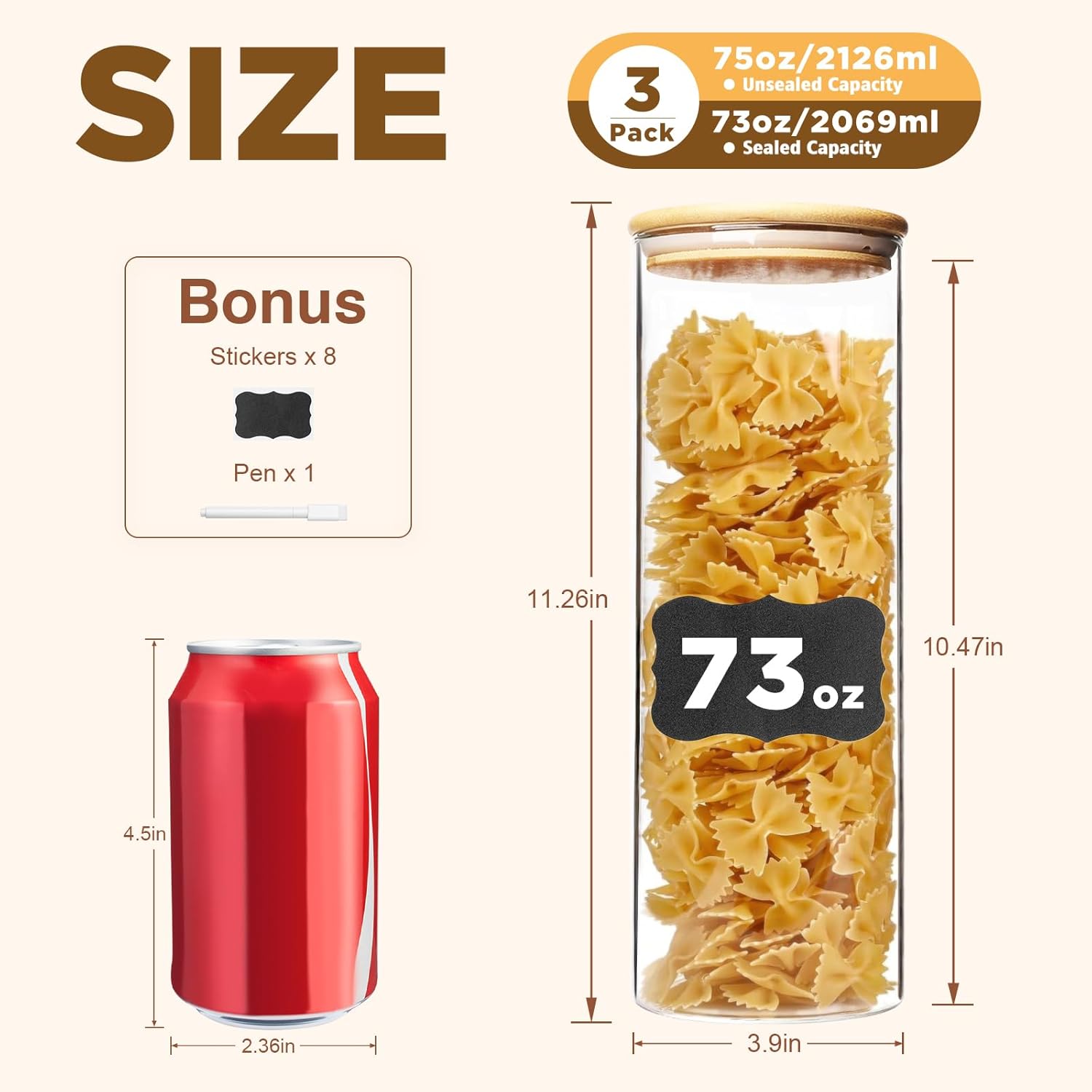73oz Glass Pasta Storage Jars, Tall Glass Jars with Bamboo Lids, Spaghetti Container, Set of 3