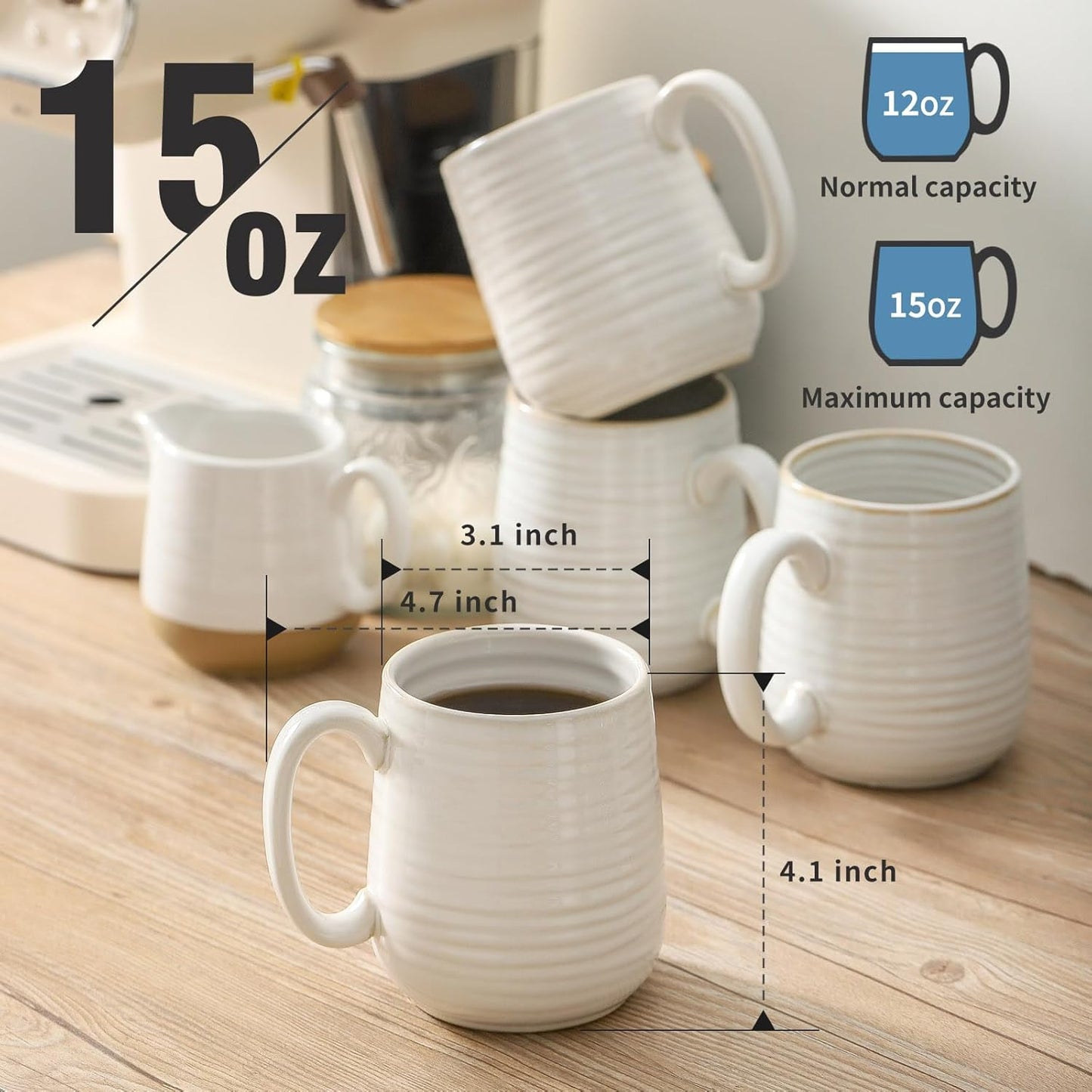 Hasense Coffee Mugs, 12 Ounce Ceramic Coffee Cups Set of 4, Latte Mug with Handle for Milk, Cocoa