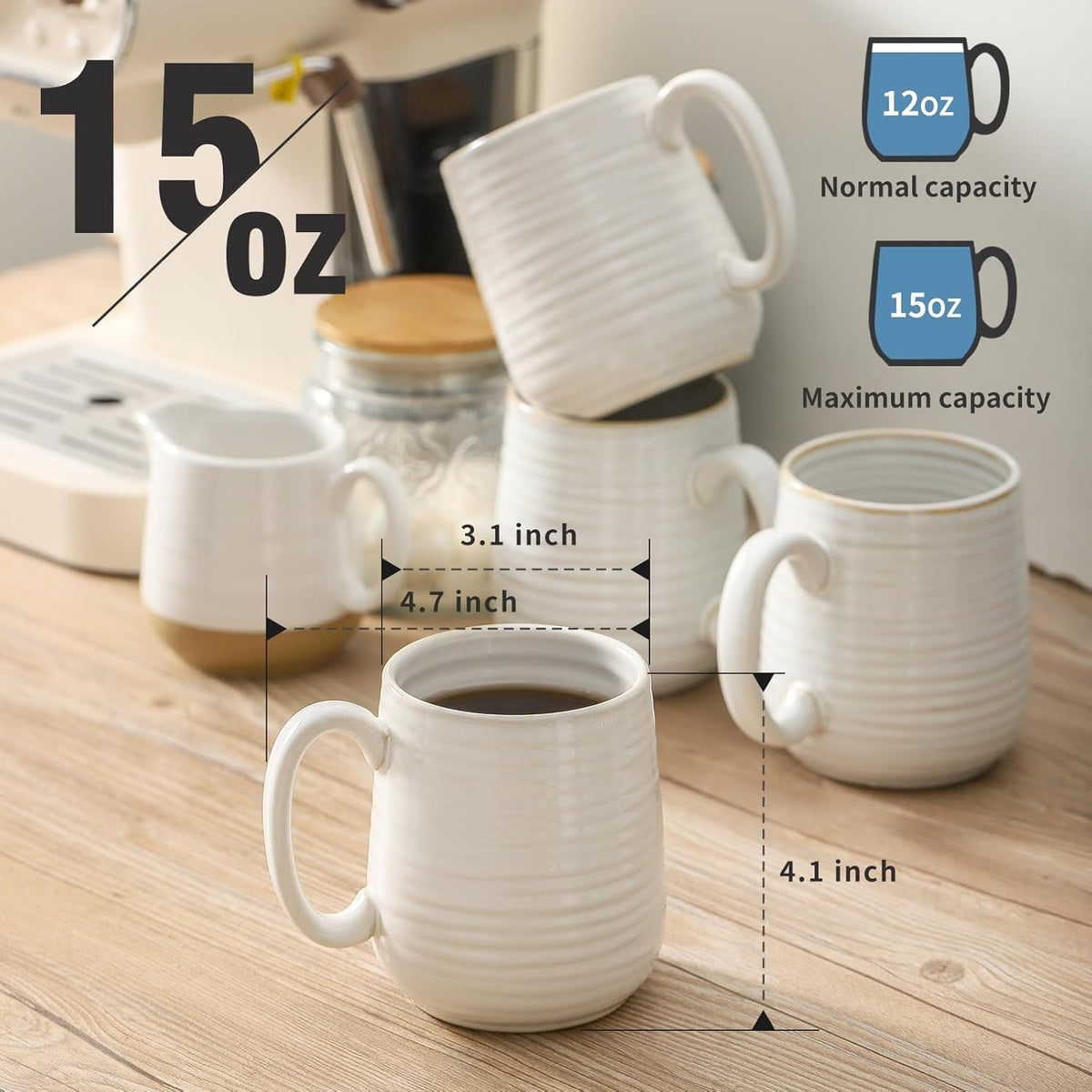 Hasense Coffee Mugs Set of 6, Ceramic Coffee Cups with Handle for Home Office, 12 Ounce Tea Cup for