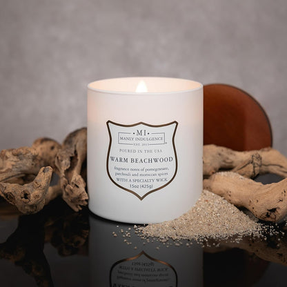 Manly Indulgence Warm Beachwood Scented Candles for Men, 15 oz Wooden Wick, Premium Soy Blend Wax