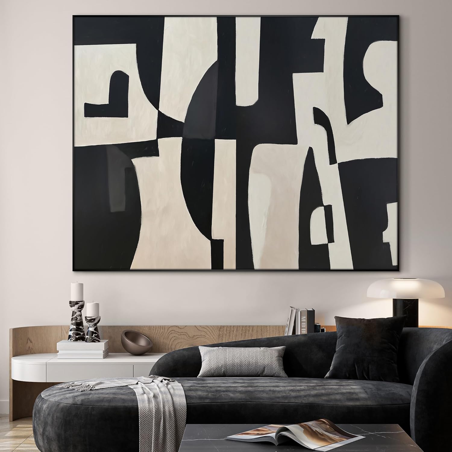 SIGNWIN 46"x60" Extra Large Framed Wall Art Black and White Abstract Geometric Design, Minimalist