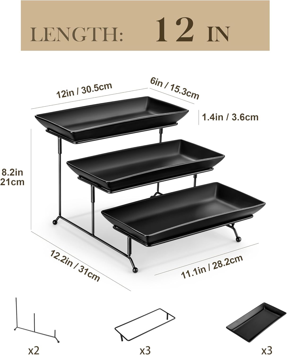 MALACASA 3 Tier Serving Trays for Party, Stoneware Serving Platters and Trays, 12 Inch Tiered Tray