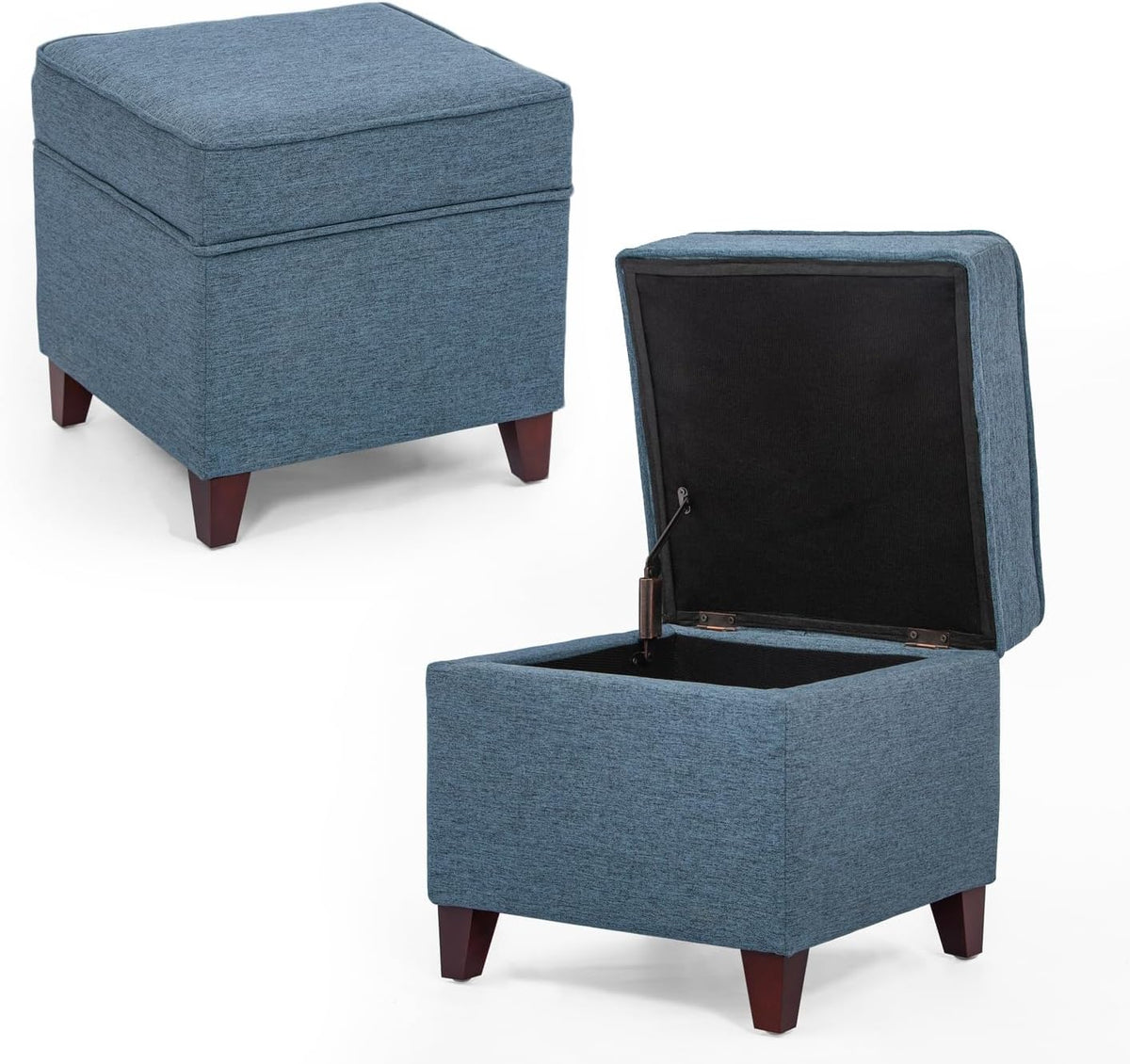Adeco 17" Square Ottoman with Storage, Small Blue Storage Ottoman Foot Rest with Hinged Lid & Solid