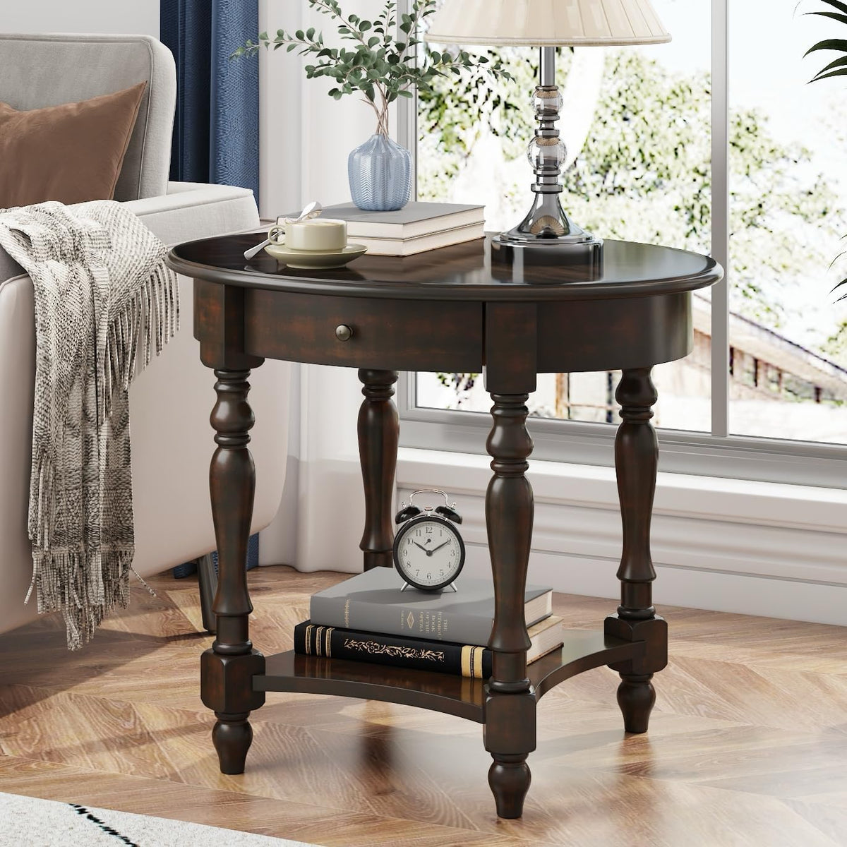 MODERION Oval End Table with Drawer, Solid Wood Sofa Side Table with Storage Shelf, Traditional