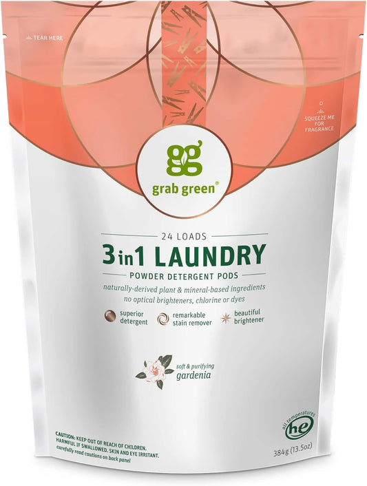 Grab Green 3-in-1 Laundry Detergent Pods, 24 Count, Gardenia Scent, Plant and Mineral Based