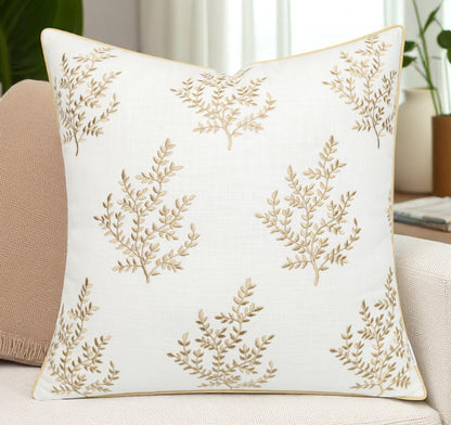 VAGMINE Embroidered Leaves Throw Pillow Cover - 18x18 Inches Square - 100% Cotton Ivory Decorative
