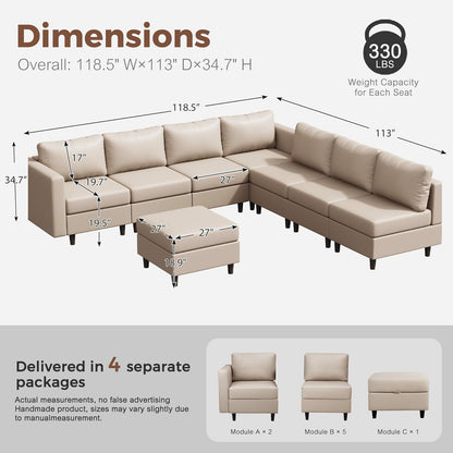 118.5" Faux Leather Modular Sectional Convertible Sofa, L Shaped Couch Set for Living Room, Large