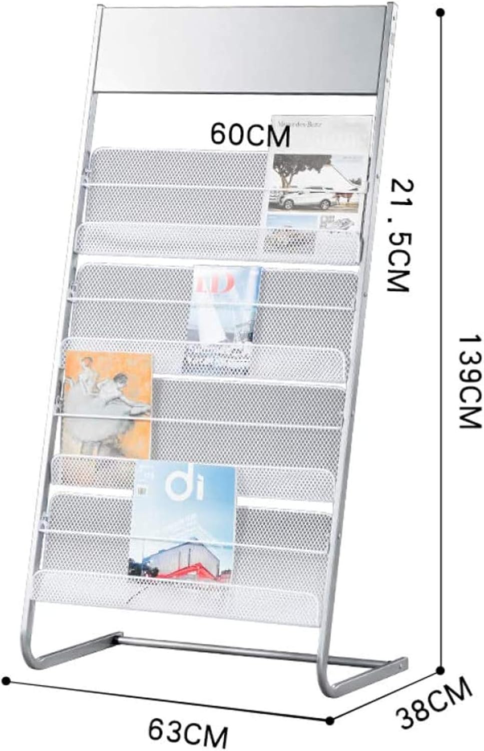 GENMO Floor-Standing Magazine Rack, Carbon Iron Steel, Silver, 4 Large Shelves, Convenient