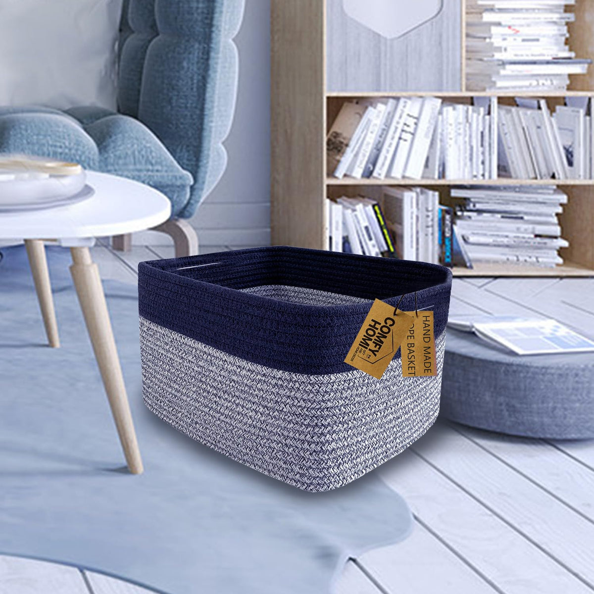 COMFY-HOMI Rectangular Cotton Rope Basket With Handles for Shelves|Dog Toy|Baby Gift - Dark Blue