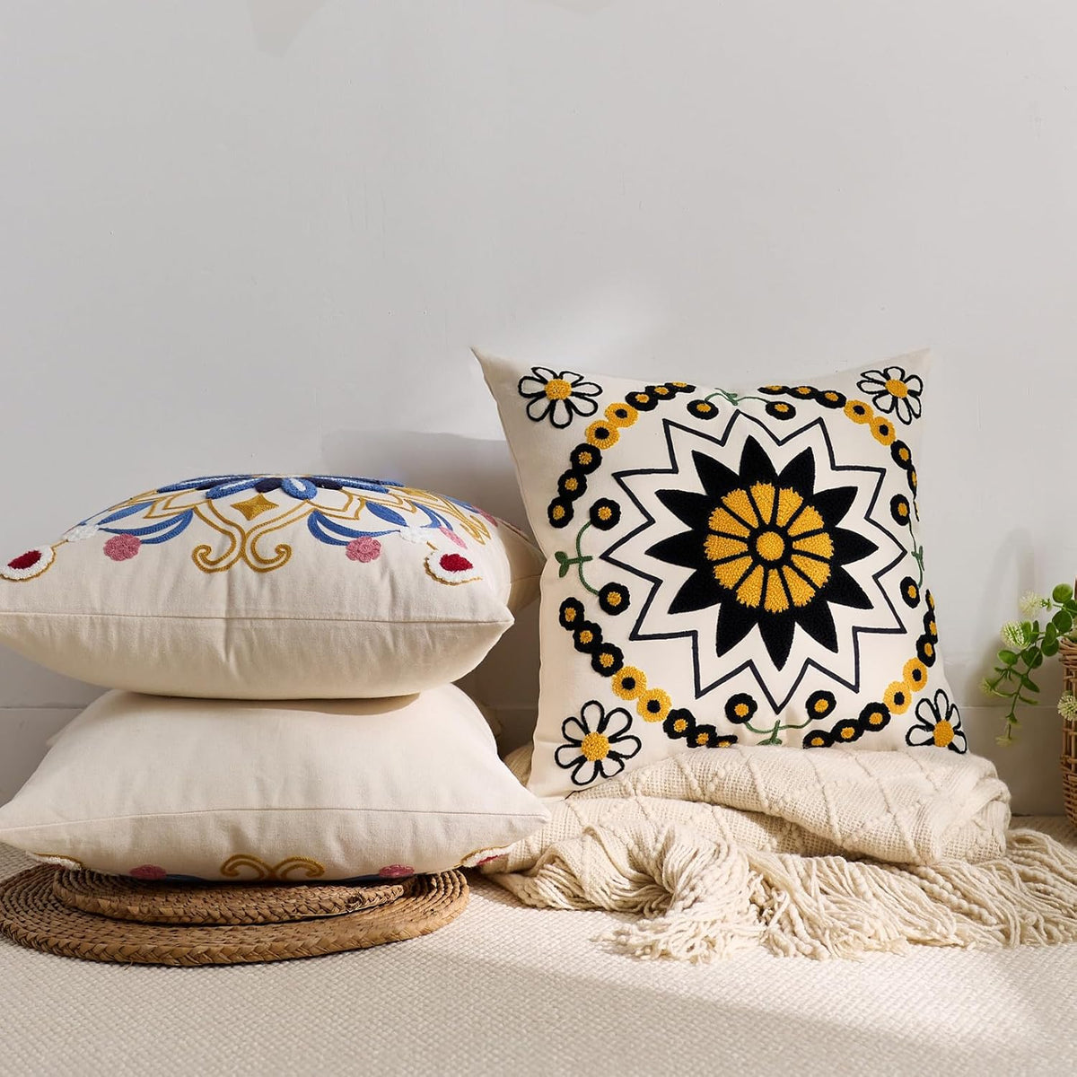 Embroidered Throw Pillow Cover 18x18 Classic Boho Floral Pattern Pillows Cover Outdoor Decorative