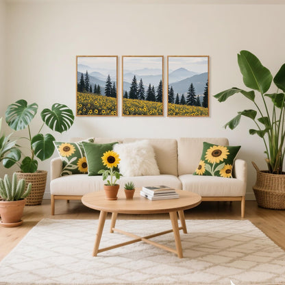 HPINUB Boho Sunflowers Landscape Framed Canvas Wall Art Set,Nature Pine Tree Wall Decor,Abstract