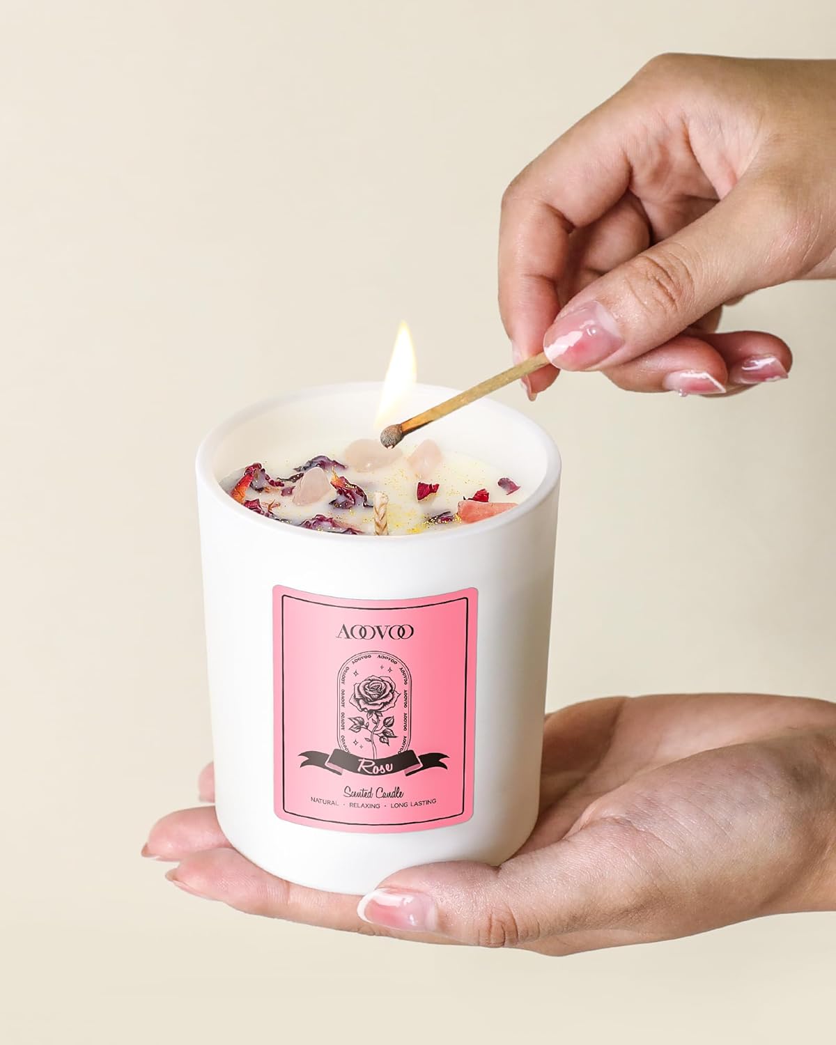 AOOVOO Rose Scented Candles for Women - Aromatherapy Candle with Crystals Inside, 10oz Soy Candles